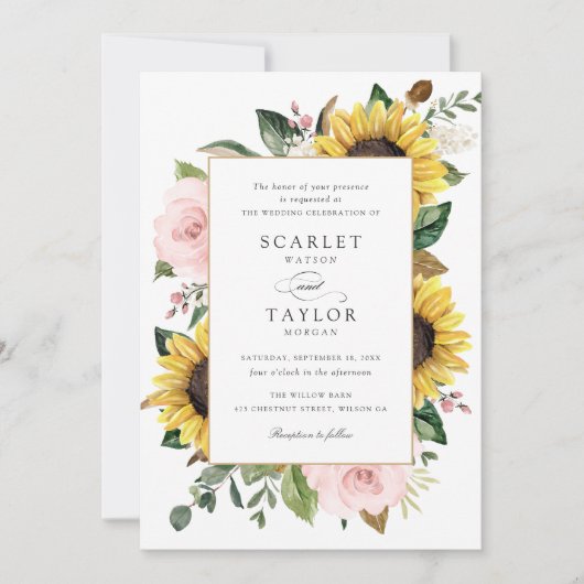 ひまわりの赤面ピンクの花の緑結婚の花 招待状 (正面)