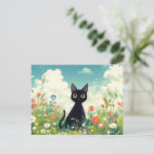 ひまわりの野原で遊ぶ黒猫 ポストカード (スタンド正面)
