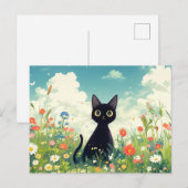 ひまわりの野原で遊ぶ黒猫 ポストカード (正面/裏面)