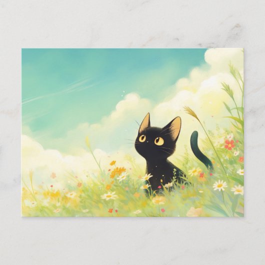 ひまわりの野花の夏の草原にいる黒猫 ポストカード (正面)