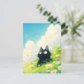 ひまわりの野花の草原の黒猫 ポストカード (スタンド正面)