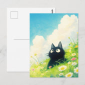 ひまわりの野花の草原の黒猫 ポストカード (正面/裏面)