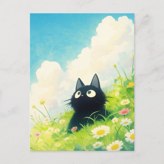 ひまわりの野花の草原の黒猫 ポストカード (正面)