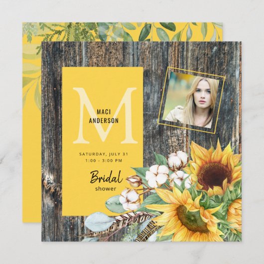 ひまわりの開花素朴写真ブライダルシャワー 招待状 (正面/裏面)