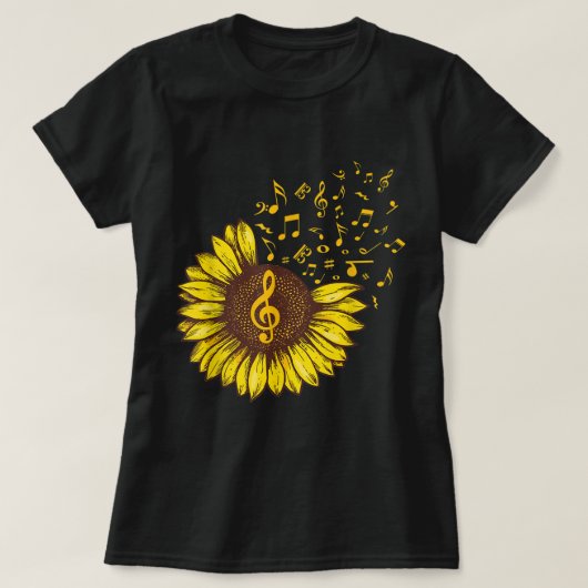ひまわりの音楽ノートアートデザイン Tシャツ (デザイン正面)