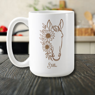 ひまわりの馬の線画の肖像画 コーヒーマグカップ