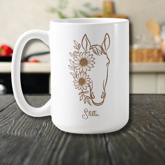 ひまわりの馬の線画の肖像画 コーヒーマグカップ
