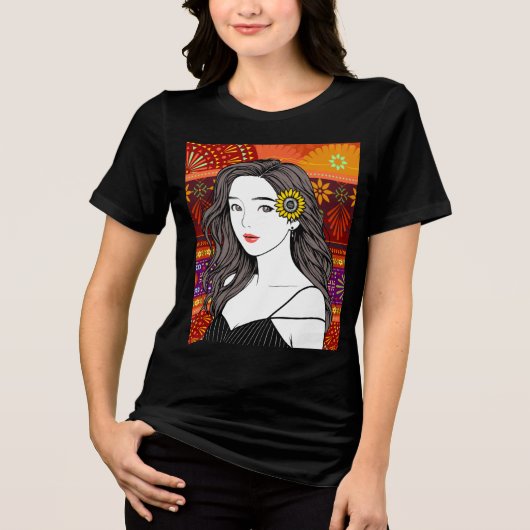 ひまわりの魂 - フォークアートの肖像画イラスト トライブレンドＴシャツ (正面)