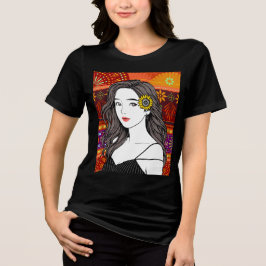 ひまわりの魂 - フォークアートの肖像画イラスト トライブレンドTシャツ