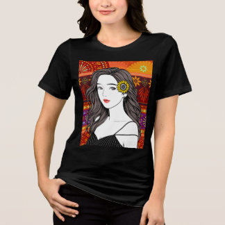 ひまわりの魂 - フォークアートの肖像画イラスト トライブレンドTシャツ
