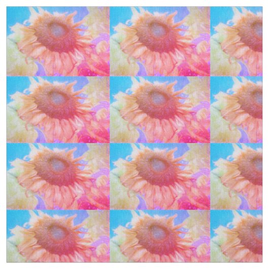 ひまわりの黄色いピンクの青いシックな花柄 ファブリック (見本)