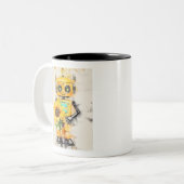 ひまわりの黄色い可愛いロボット ツートーンマグカップ (正面左)