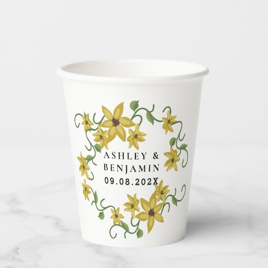 ひまわりの黄色い花のボタニカルアート オイルペイント  紙コップ (正面)