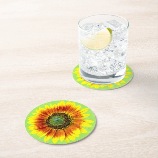 ひまわりはっきりしたフローラ黄色と緑の花 ラウンドペーパーコースター (インサイチュ)