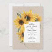 ひまわりをテーマにした、田舎の納屋でのラスティックウェディング 招待状 (正面)