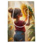 ひまわりを抱えた誕生日の小さな女の子 ミディアムペーパーバッグ (正面)