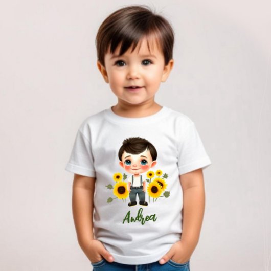 ひまわりを持った小さな少年 ベビーTシャツ