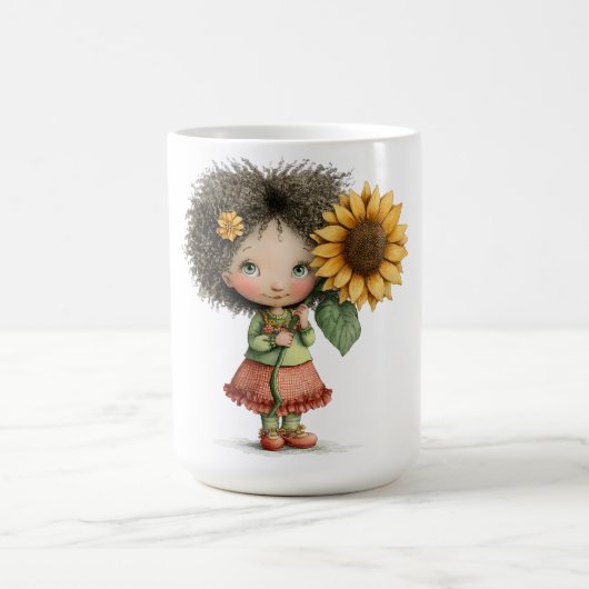 ひまわりを持つ小さな女の子のコーヒーマグデザイン コーヒーマグカップ (中央)