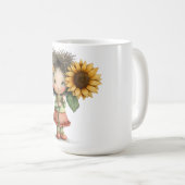 ひまわりを持つ小さな女の子のコーヒーマグデザイン コーヒーマグカップ (正面右)