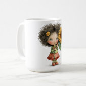 ひまわりを持つ小さな女の子のコーヒーマグデザイン コーヒーマグカップ (正面左)
