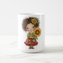 ひまわりを持つ小さな女の子のコーヒーマグ