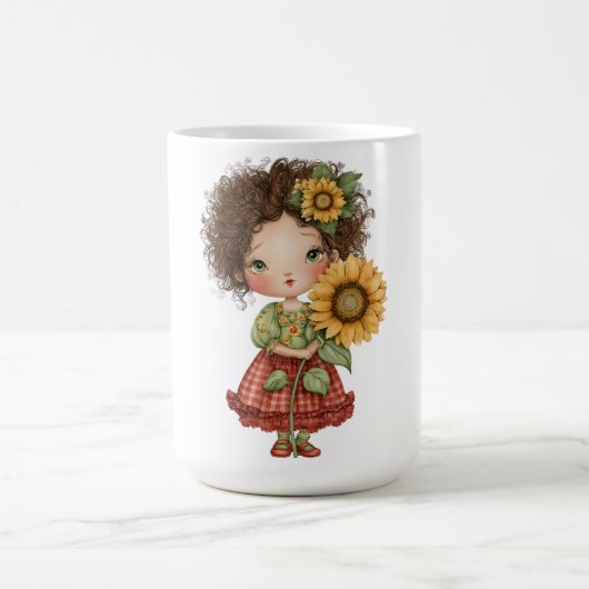 ひまわりを持つ小さな女の子のコーヒーマグ コーヒーマグカップ (中央)