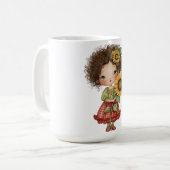 ひまわりを持つ小さな女の子のコーヒーマグ コーヒーマグカップ (正面左)