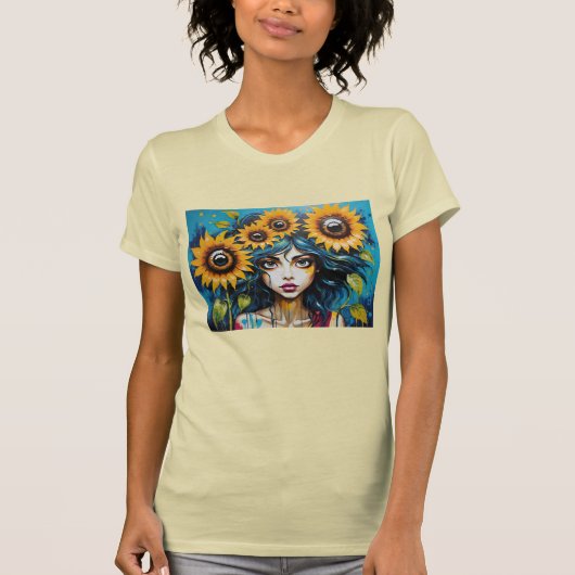 ひまわりを持つ表情豊かな女の子の顔 Tシャツ (正面)