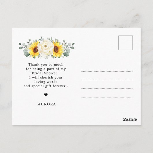 ひまわりアイボリー牡丹ブライダルシャワーサンキュー ポストカード (裏面)