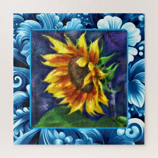 ひまわりアットナイトブルーイエローグリーンフラワーフローラ ジグソーパズル (縦)