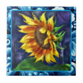 ひまわりアットナイトブルーイエローグリーンフラワーフローラ タイル (正面)