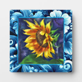 ひまわりアットナイトブルーイエローグリーンフラワーフローラ フォトプラーク
