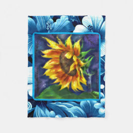 ひまわりアットナイトブルーイエローグリーンフラワーフローラ フリースブランケット