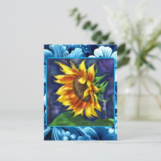 ひまわりアットナイトブルーイエローグリーンフラワーフローラ ポストカード (スタンド正面)