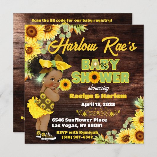 ひまわりアフロベビーガール – 黄色素朴赤ちゃんシャワー 招待状 (正面/裏面)