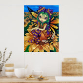 ひまわりアートに座るプリントファンタジー妖精 ポスター (キッチン)