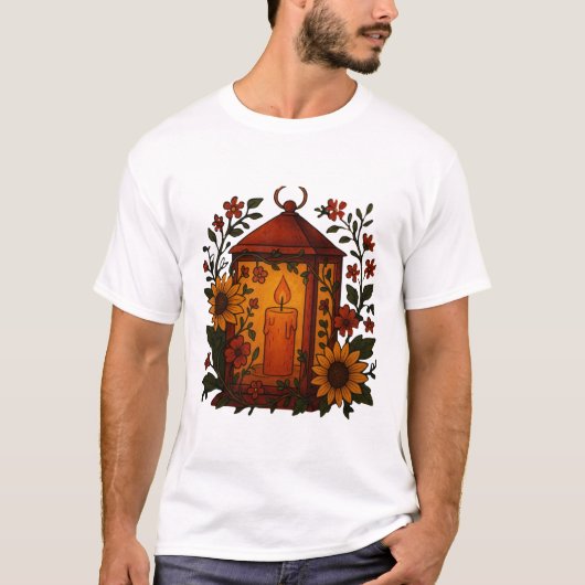 ひまわりアートの可愛らしいランタン Tシャツ (正面)
