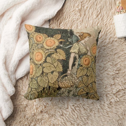 ひまわりアールヌーボーガーデングラスウーマン クッション (ブランケット)