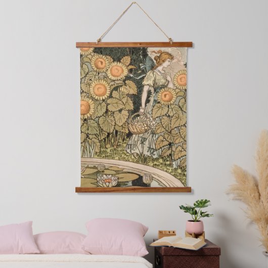 ひまわりアールヌーボーガーデングラスウーマン 吊り下げ型タペストリー (寝室)