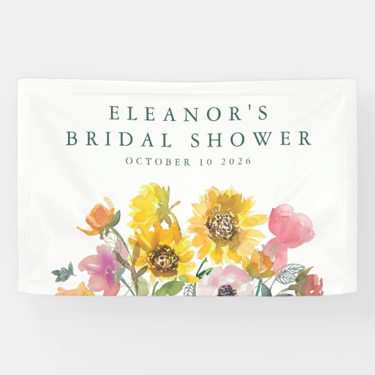 ひまわりイエローウォーターカラーフローラブライダルシャワー 横断幕 (横)