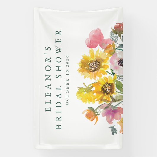 ひまわりイエローウォーターカラーフローラブライダルシャワー 横断幕 (縦)