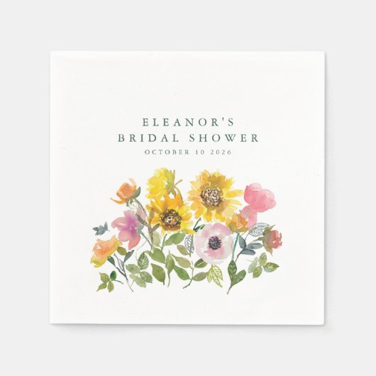 ひまわりイエローウォーター色カスタムブライダルシャワー スタンダードカクテルナプキン (正面)