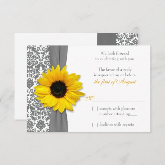 ひまわりイエローグレーダマスクウェディングRSVP返信 出欠カード (正面/裏面)