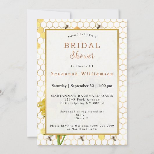 ひまわりイエローハニカムミツバチ金ゴールドブライダルシャワー 招待状 (正面)