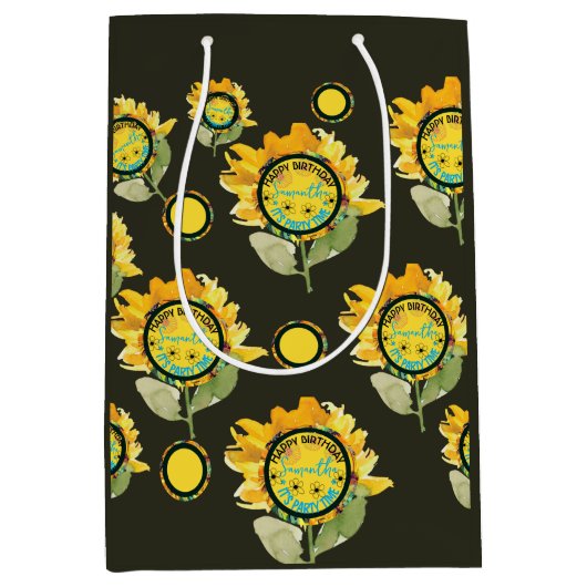 ひまわりイエローブラックガール誕生日 ミディアムペーパーバッグ (正面)