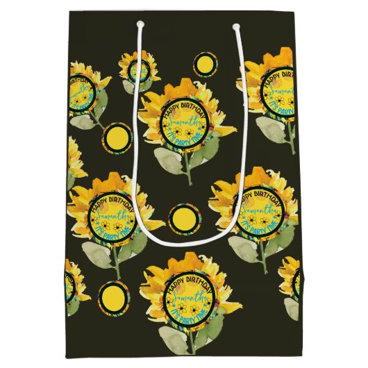 ひまわりイエローブラックガール誕生日 ミディアムペーパーバッグ (裏面)