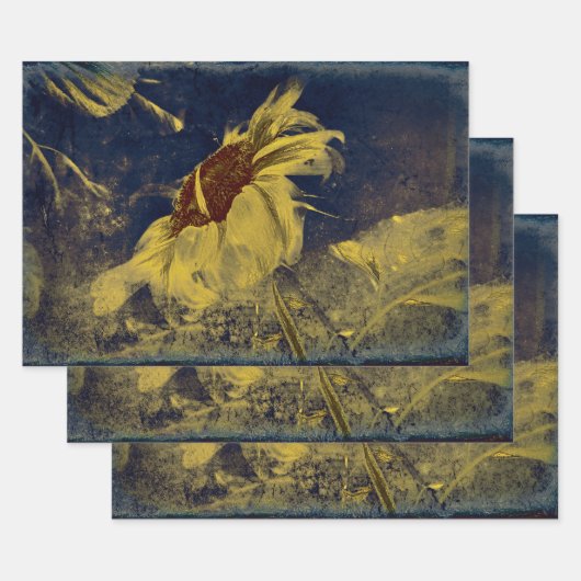 ひまわりイエローブルースケッチアートヴィンテージアンティーク ラッピングペーパーシート (セット)