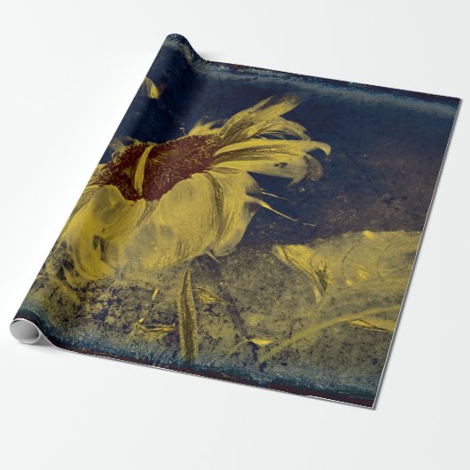 ひまわりイエローブルースケッチアートヴィンテージアンティーク ラッピングペーパー (アンロールド)