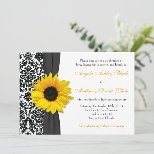 ひまわりイエロー白黒ダマスクウェディング 招待状 (スタンド正面)