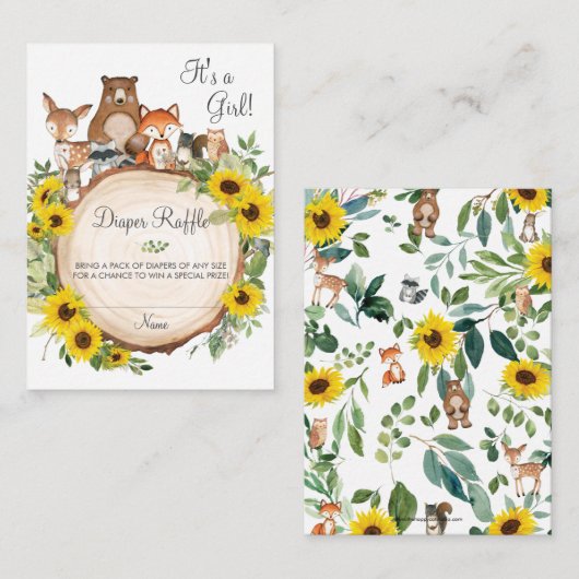 ひまわりウッドランド赤ちゃんシャワーおむつラッフル エンクロージャーカード (正面/裏面)